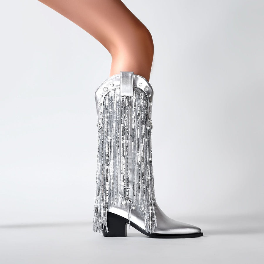 Luvrefashion | Marina Fringe Cowboy Boots for in Silver - side view