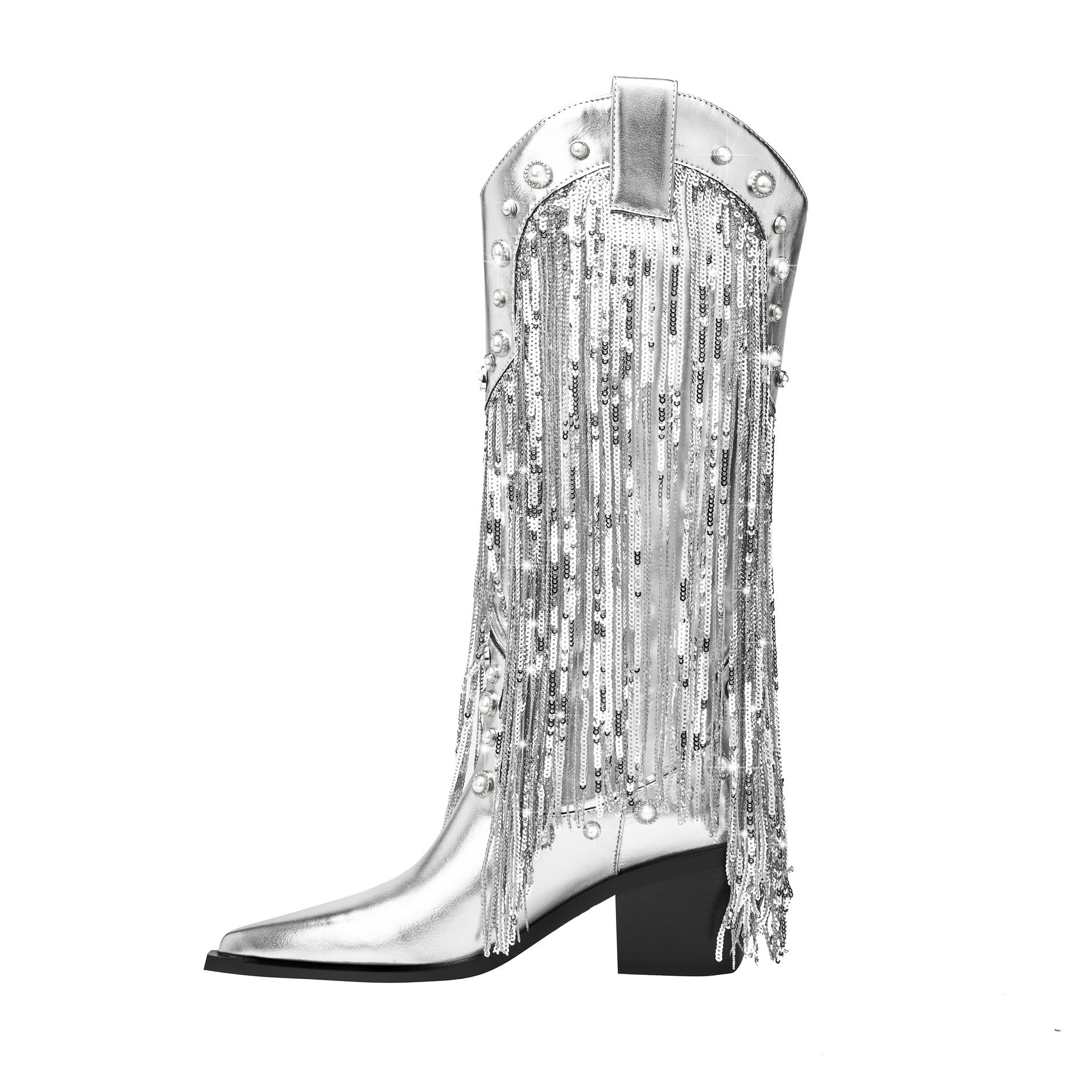 Luvrefashion | Marina Fringe Cowboy Boots for in Silver - front view