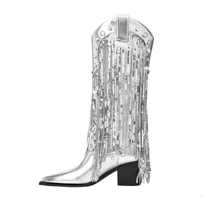 Luvrefashion | Marina Fringe Cowboy Boots for in Silver - front view