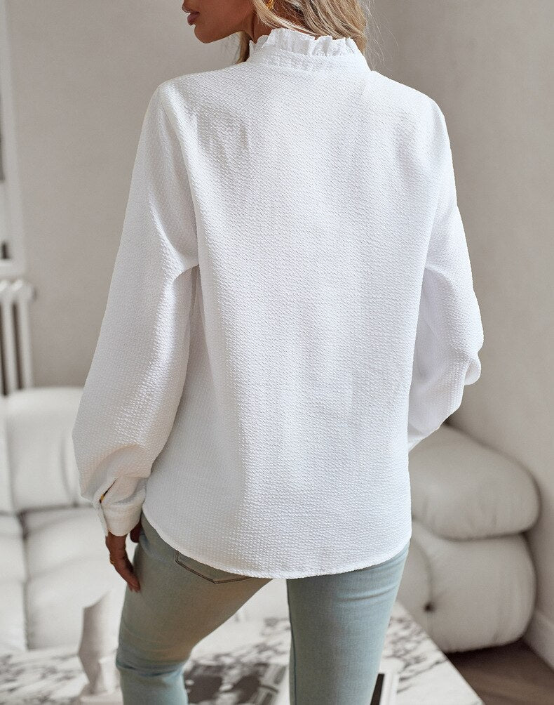 Luvrefashion | Lila Sophisticated Ruffle Blouse in Blue - side view