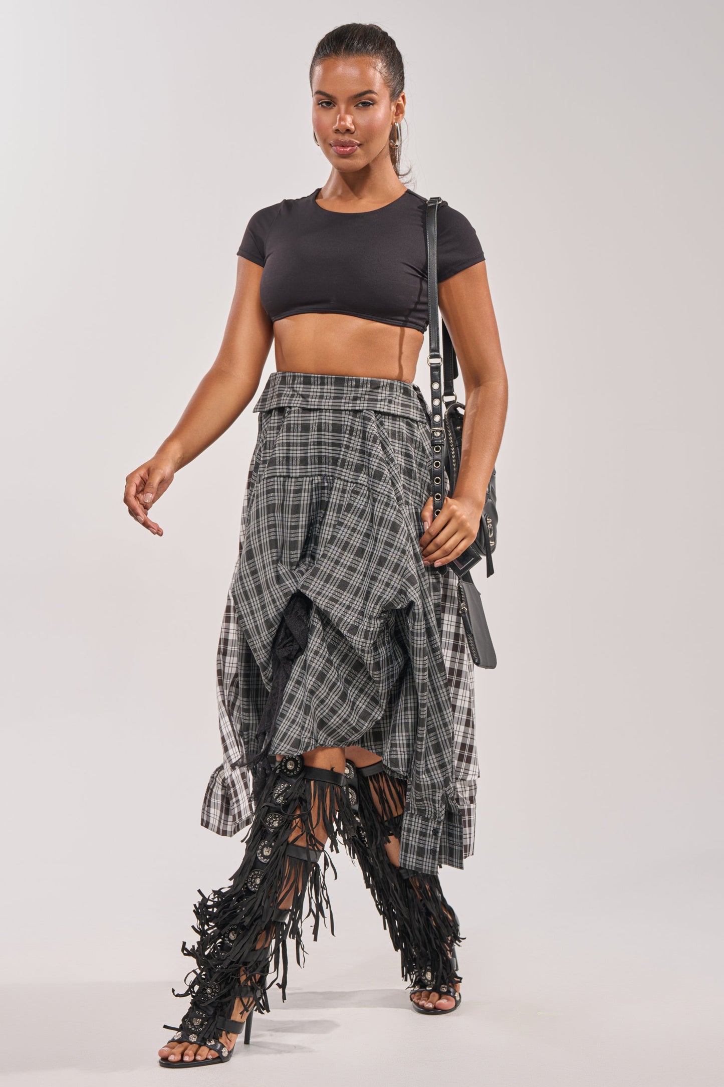Black-and-White Asymmetrical High-Waist Plaid Midi Skirt