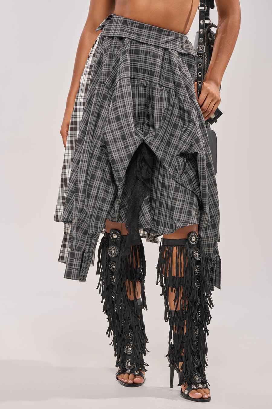 Black-and-White Asymmetrical High-Waist Plaid Midi Skirt