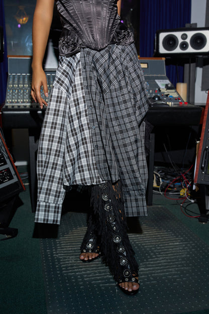 Black-and-White Asymmetrical High-Waist Plaid Midi Skirt