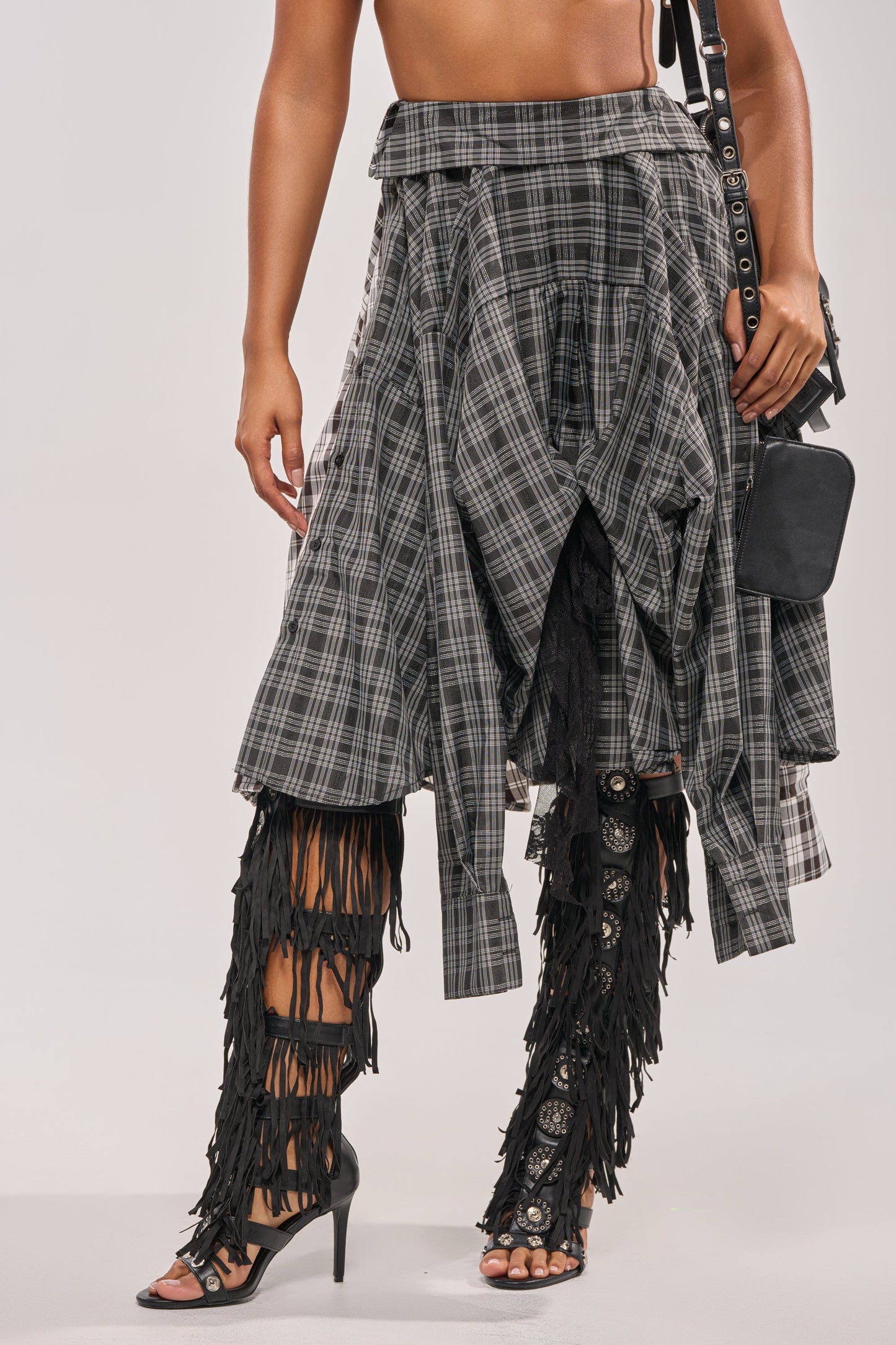 Black-and-White Asymmetrical High-Waist Plaid Midi Skirt
