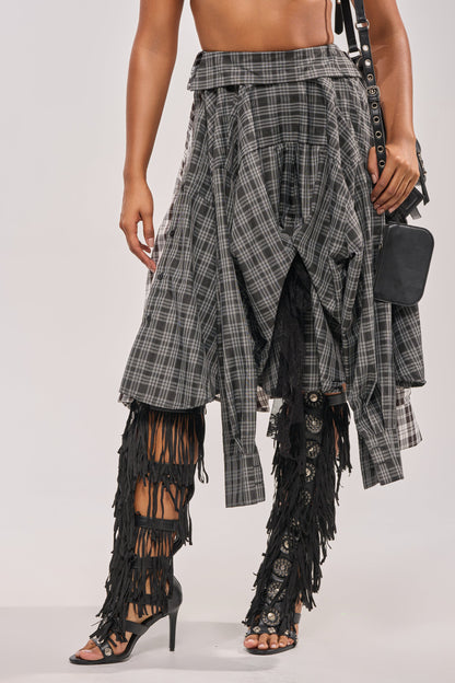 Black-and-White Asymmetrical High-Waist Plaid Midi Skirt