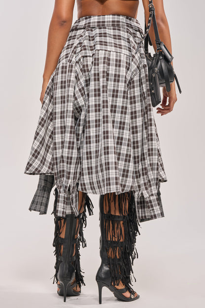 Black-and-White Asymmetrical High-Waist Plaid Midi Skirt