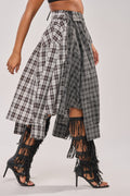 Black-and-White Asymmetrical High-Waist Plaid Midi Skirt