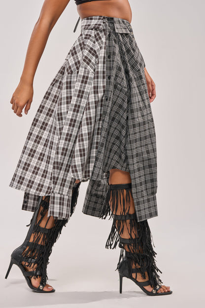 Black-and-White Asymmetrical High-Waist Plaid Midi Skirt