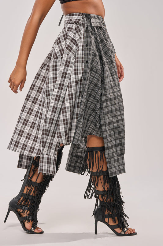 Black-and-White Asymmetrical High-Waist Plaid Midi Skirt