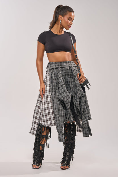 Black-and-White Asymmetrical High-Waist Plaid Midi Skirt