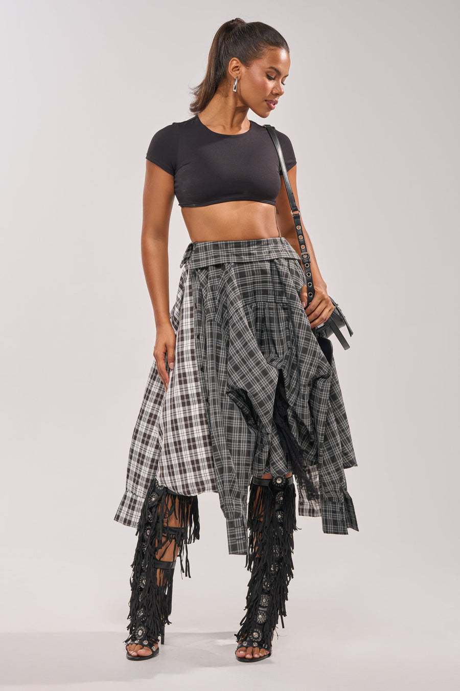 Black-and-White Asymmetrical High-Waist Plaid Midi Skirt