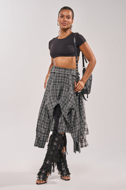 Black-and-White Asymmetrical High-Waist Plaid Midi Skirt
