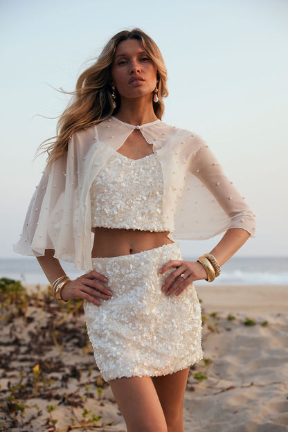 White Sequin Hook-and-Eye Crop Top
