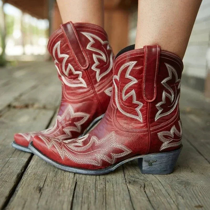 Lena Embroidered Ankle Western Booties in Brown - side view