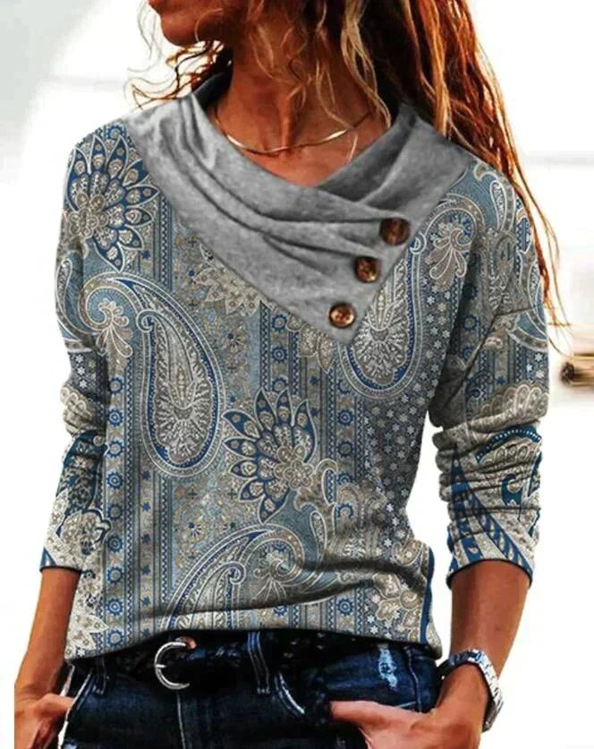 Luvrefashion | Gina Printed Cowl Neck Long Sleeve Blouse in Gray - side view