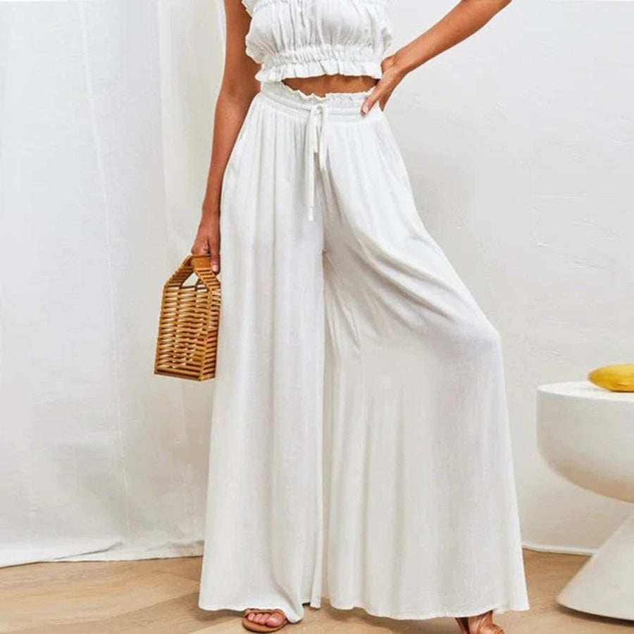 Luvrefashion | Gabriella A Line High Waist Elastic Pants with Drawstring – Long, Airy, and Pocketed in Dark Blue - side view