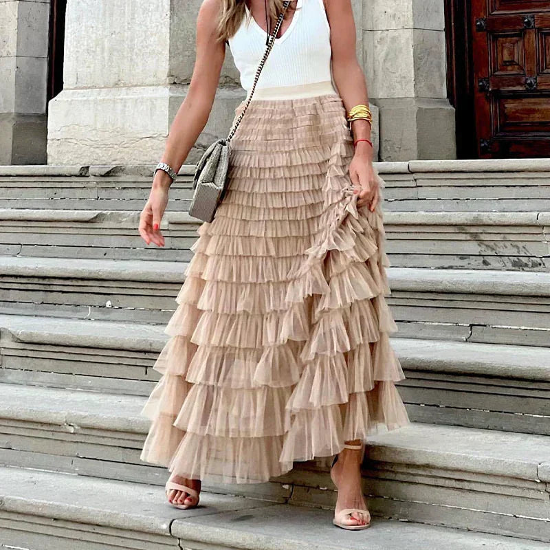 Luvrefashion | Theresa Chic Tulle Midi Skirt in Pink - side view