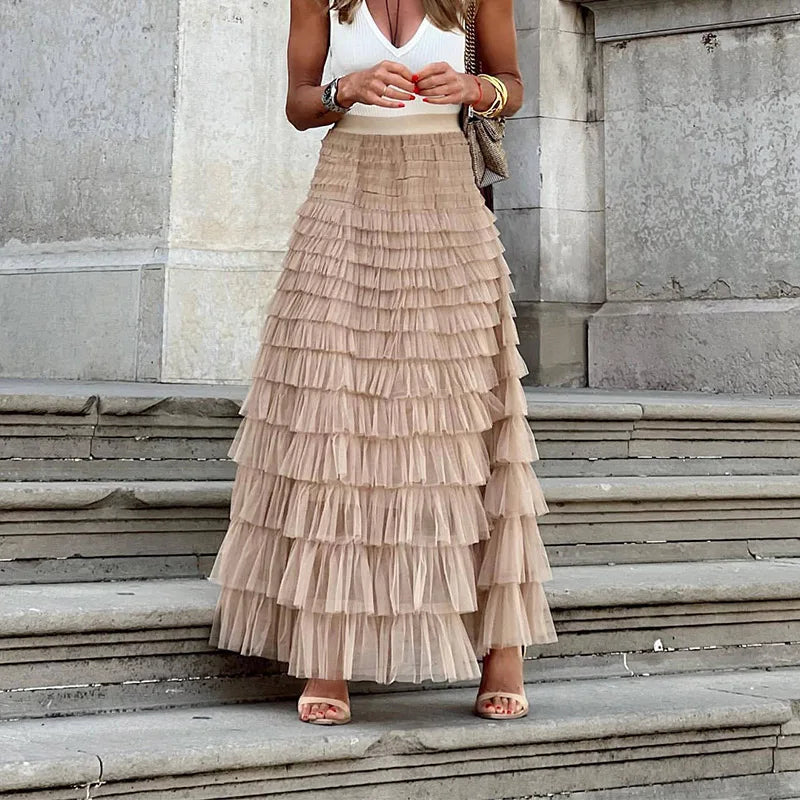 Theresa Chic Tulle Midi Skirt in Pink - front view