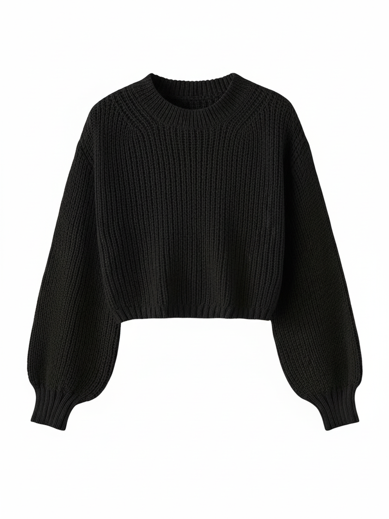 Cropped Sweater for with Voluminous Sleeves in Black - front view