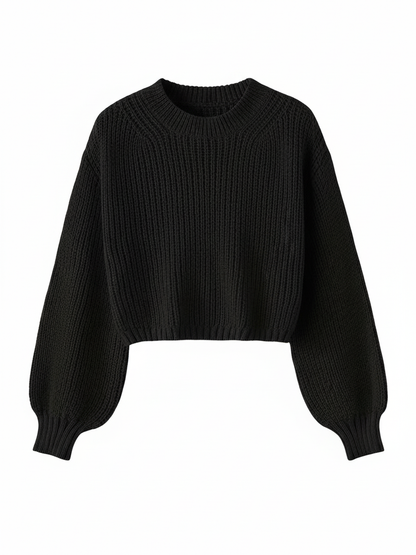 Cropped Sweater for with Voluminous Sleeves in Black - front view