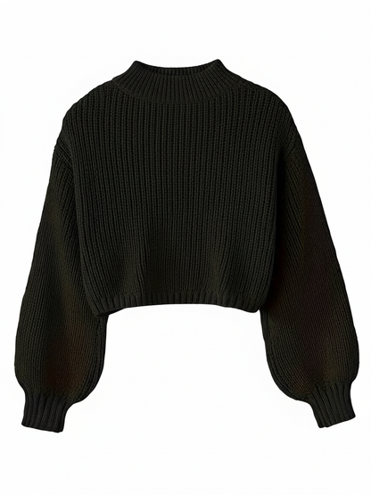 Cropped Sweater for with Voluminous Sleeves in Black - side view