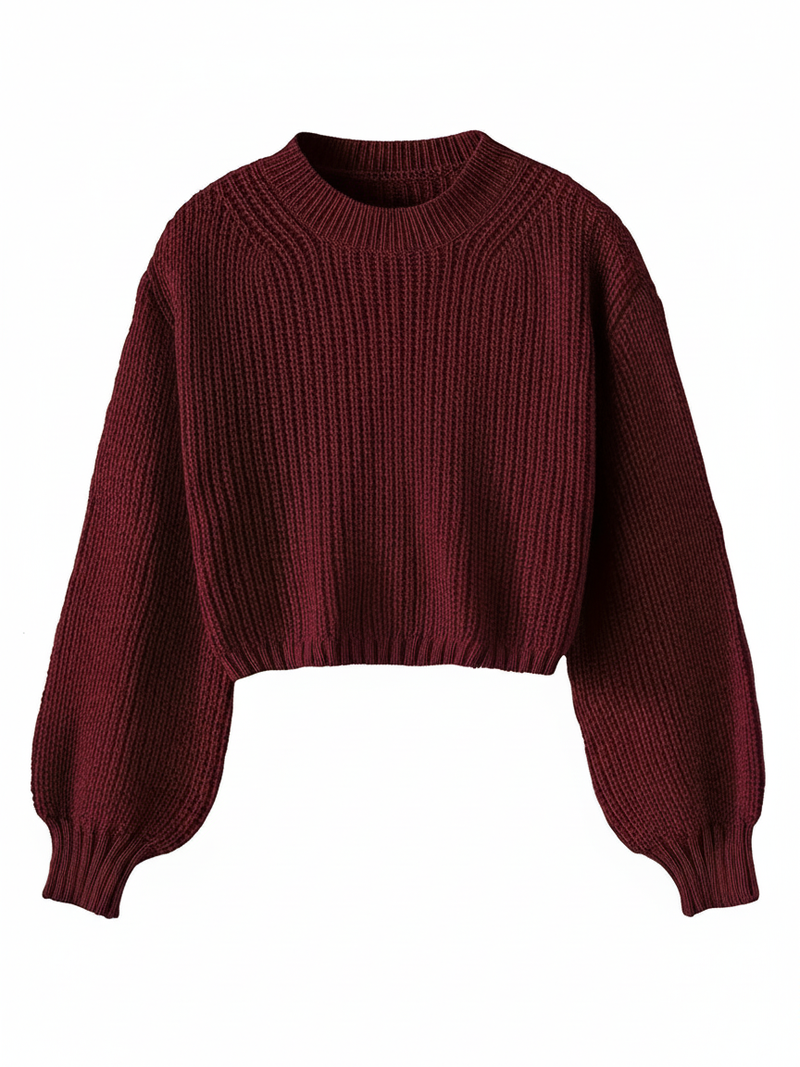 Cropped Sweater for with Voluminous Sleeves in Black - back view