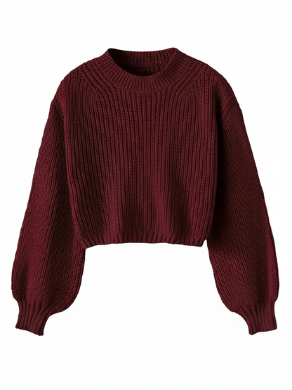 Cropped Sweater for with Voluminous Sleeves in Black - back view