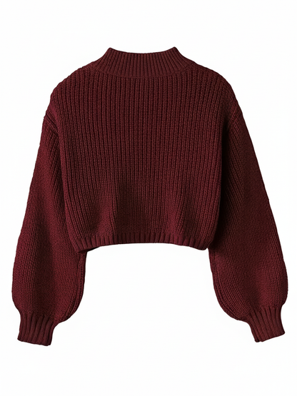 Cropped Sweater for with Voluminous Sleeves in Black - detail view