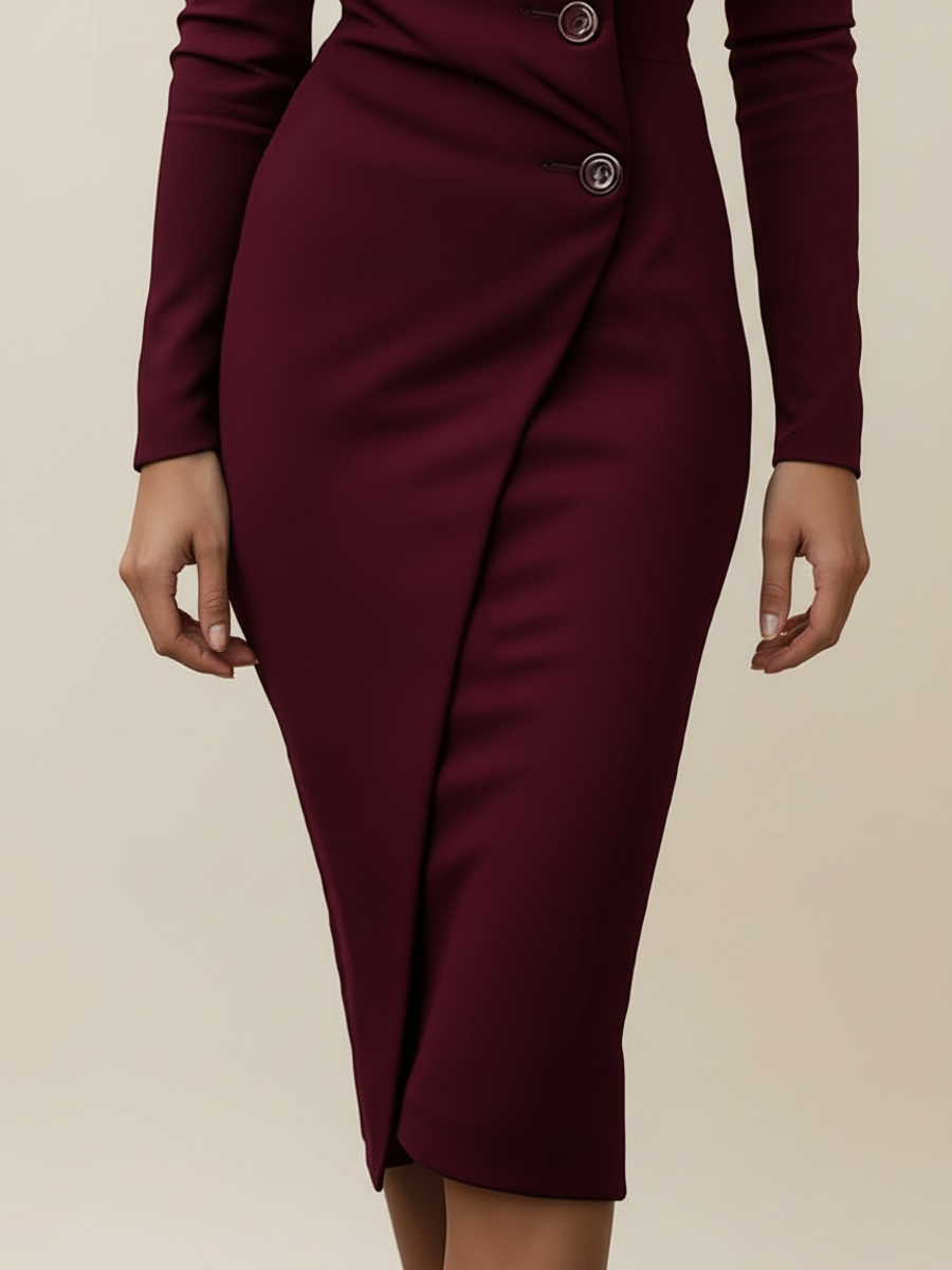 Luvrefashion | Midi Dress with Long Sleeves and Wrap Design in Burgundy - styled look