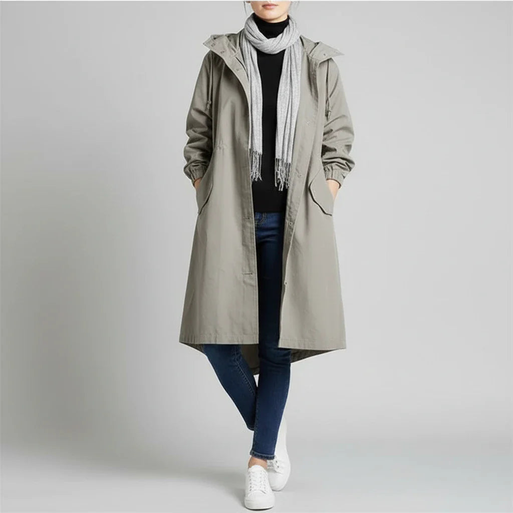 Long Hooded Coat for in Light Gray - front view
