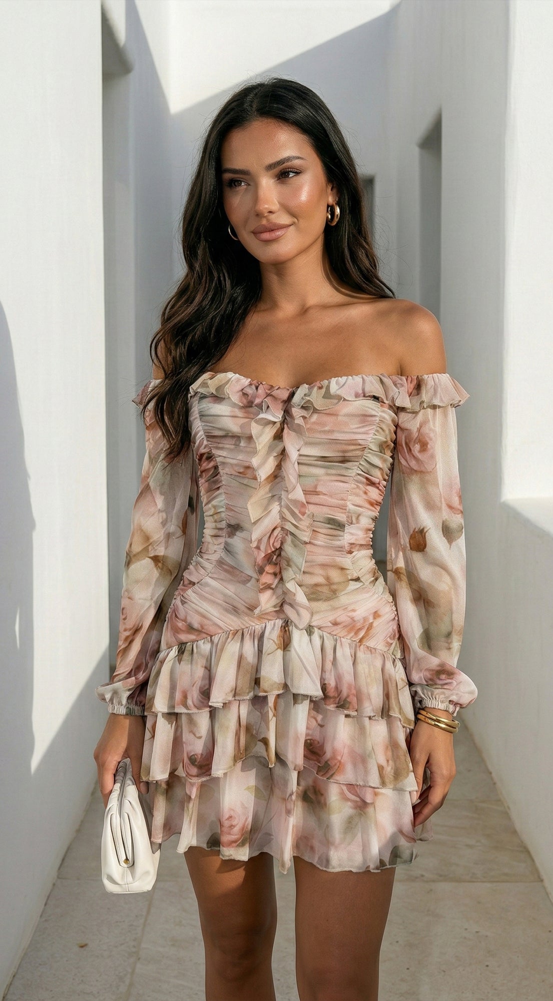 Sorrento Beige Multi Off-Shoulder Floral Ruffle Mini Dress