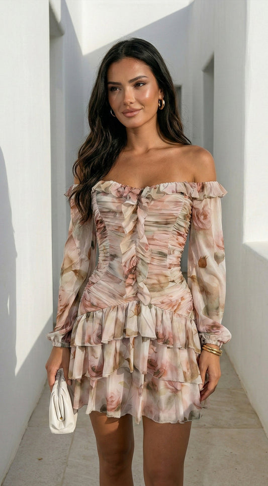 Sorrento Beige Multi Off-Shoulder Floral Ruffle Mini Dress
