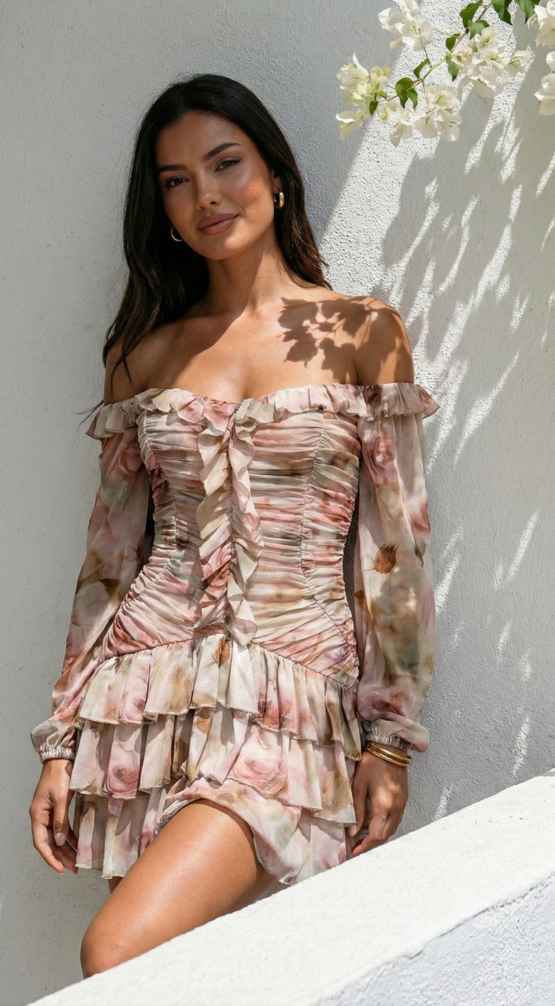 Sorrento Beige Multi Off-Shoulder Floral Ruffle Mini Dress