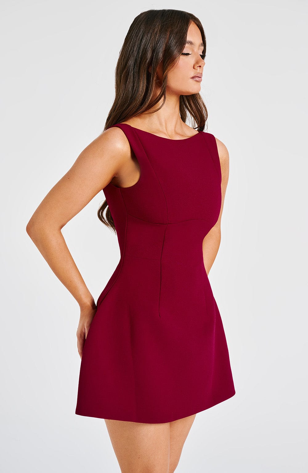 Alana Wine Colored Mini Dress in XS - styled look