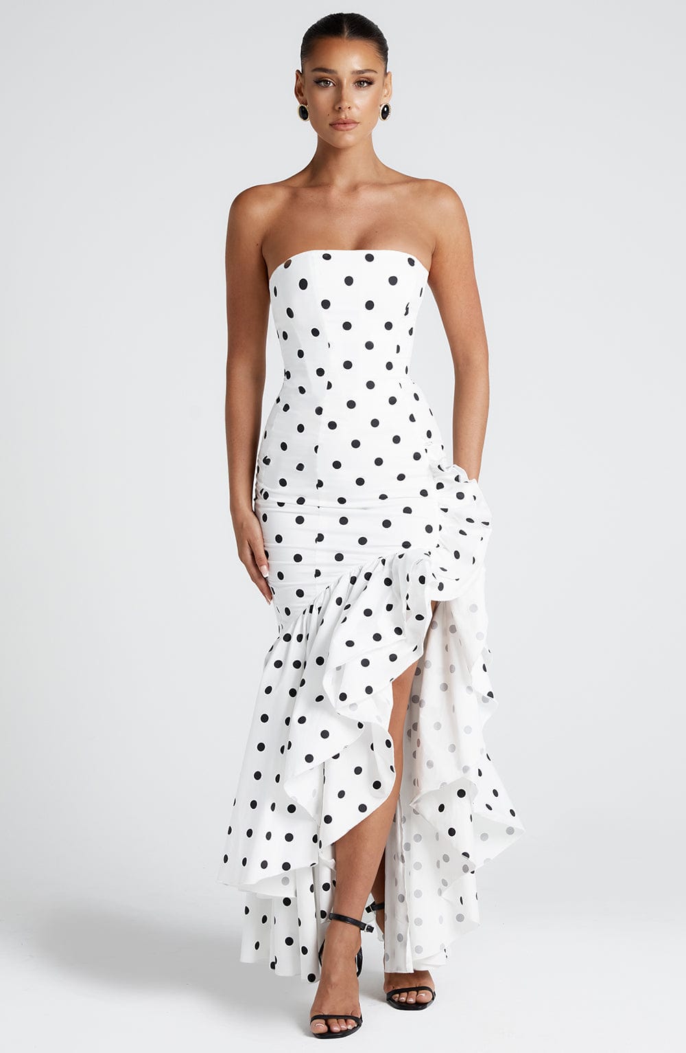 Angelina Black Polka Dot Maxi Dress in XS - styled look