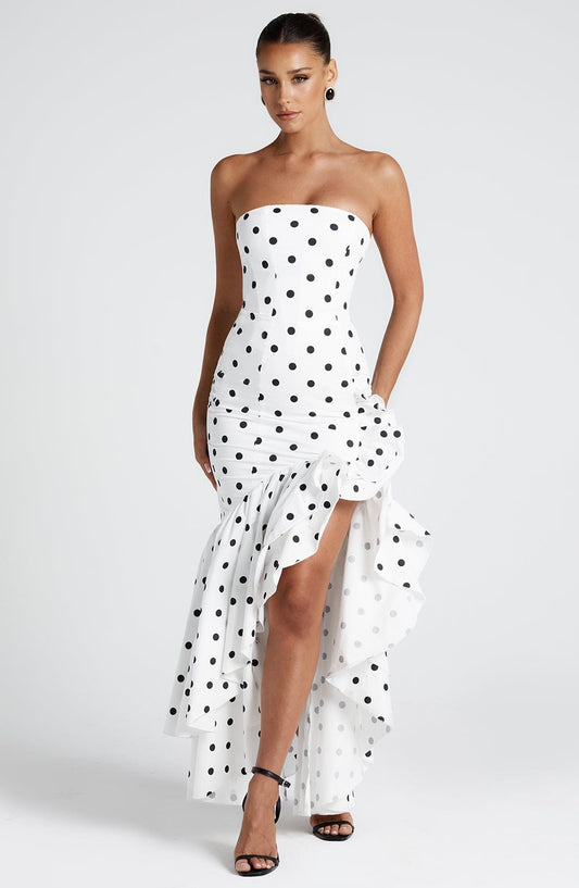 Angelina Black Polka Dot Maxi Dress in XS - front view