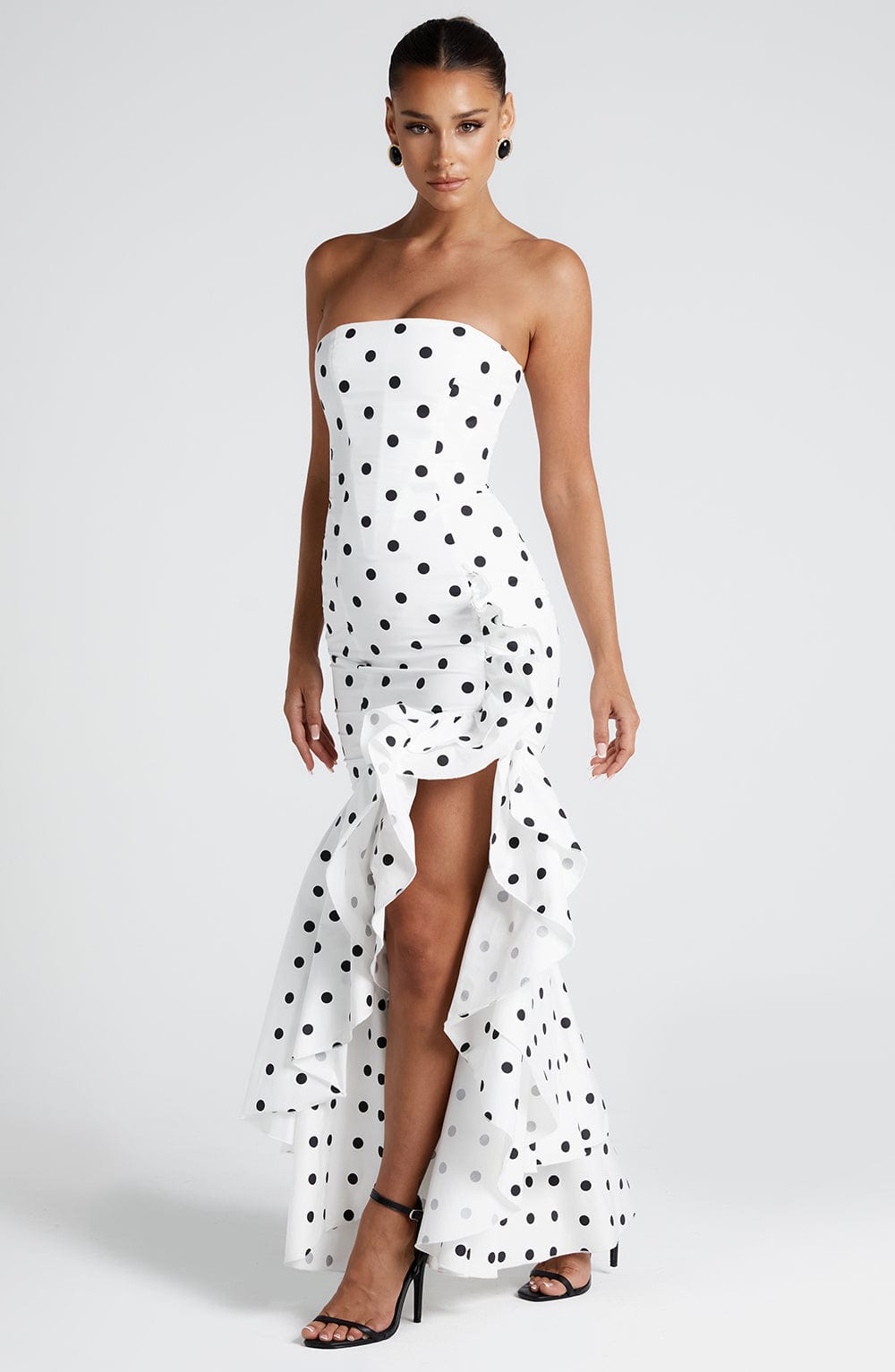 Angelina Black Polka Dot Maxi Dress in XS - side view