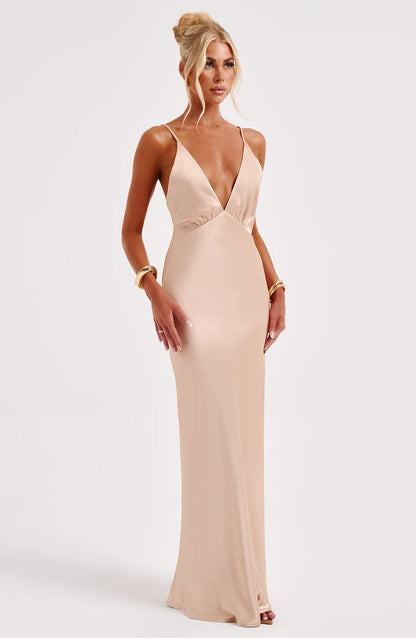 Anja Champagne Maxi Dress in XS - back view