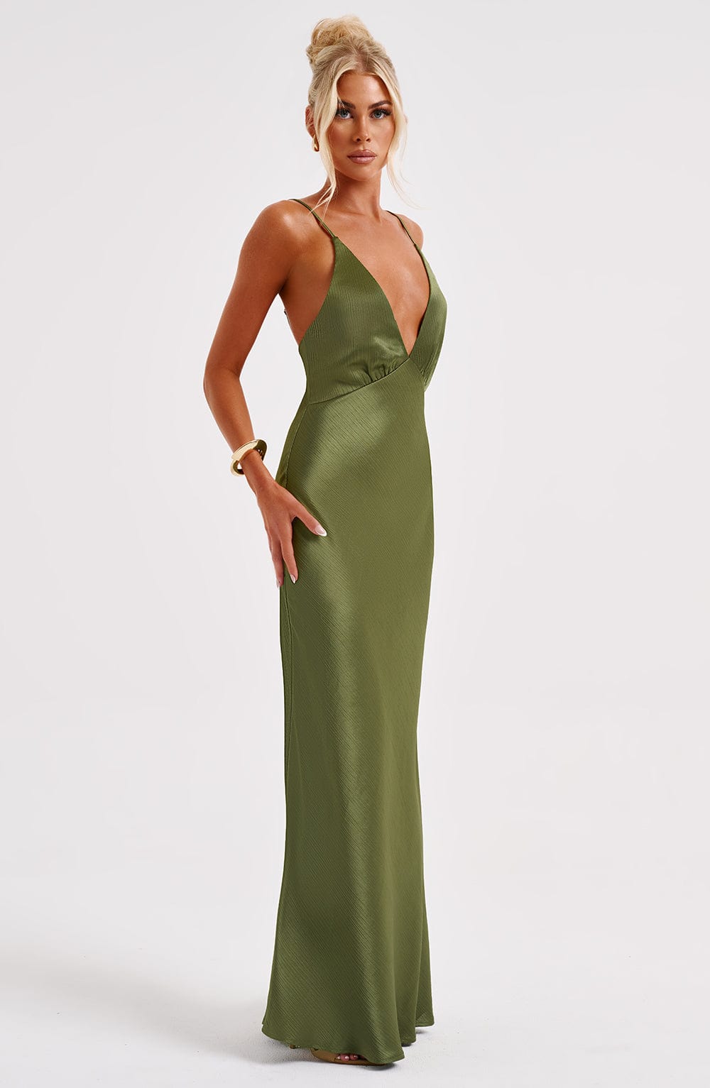 Anja Khaki Maxi Dress in XS - back view