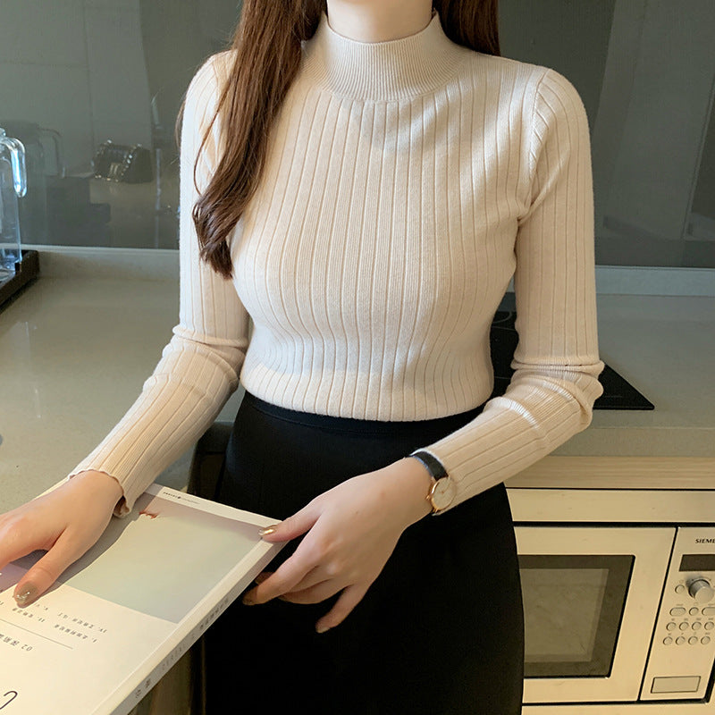 Zayenna Neutral Ribbed Slim Fit Half Turtleneck Knit Top