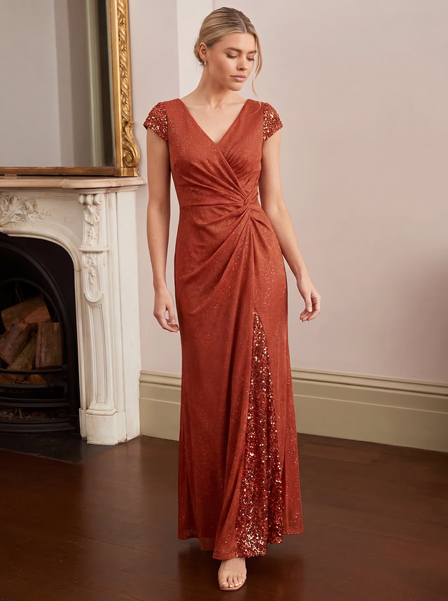 KAIA Silver Knotted Sequin Cap Sleeve Maxi Evening Dress