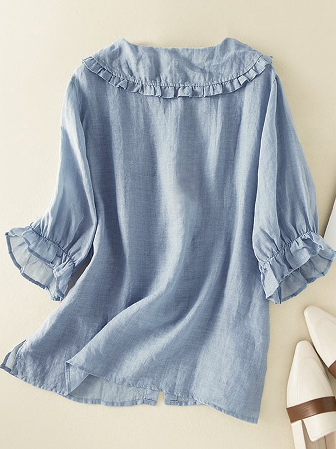 Lillian Fashionable Cotton Shirt with Loose Ruffled Neck in Blue - detail view