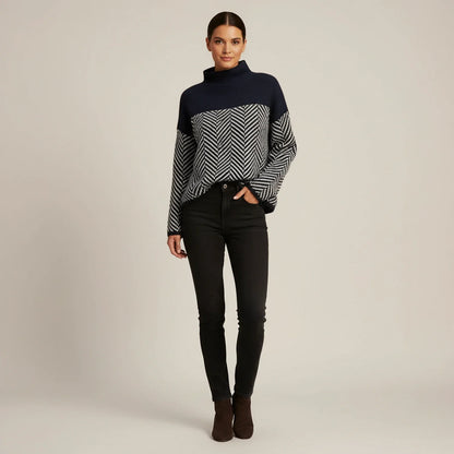Luvrefashion | Ladies' Color Block Turtleneck Sweater in Navy Blue - side view