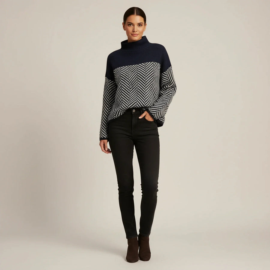 Luvrefashion | Ladies' Color Block Turtleneck Sweater in Navy Blue - side view