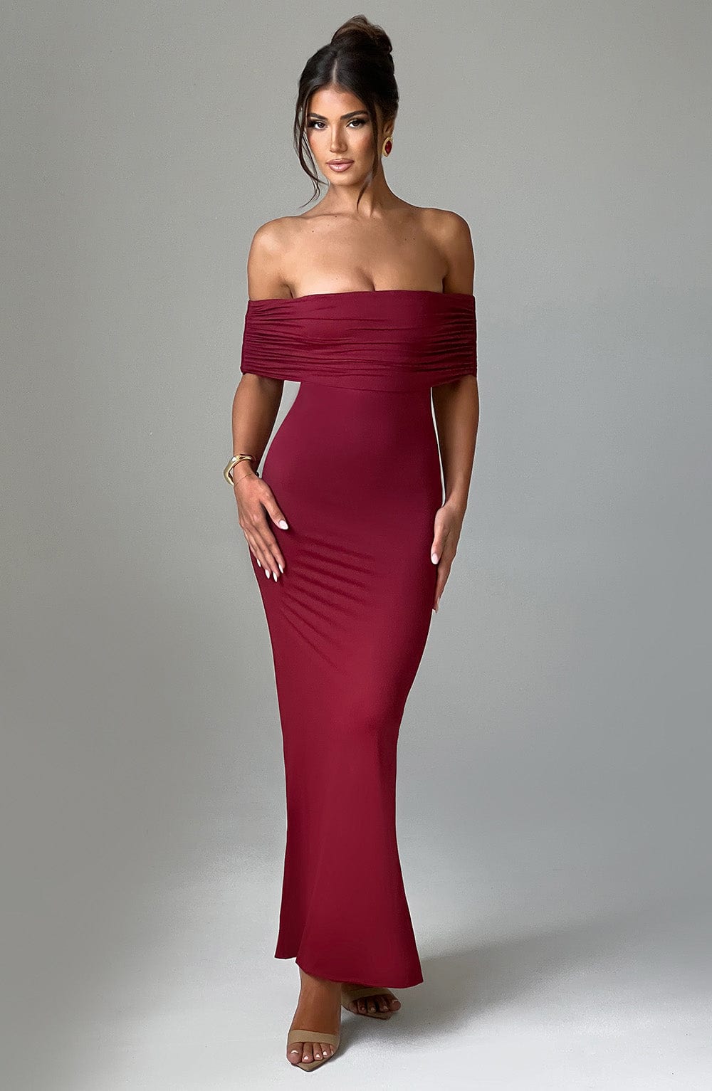 Belinda Burgundy Maxi Dress in XS - styled look