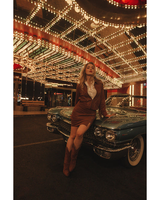 Brown Faux Suede Concho Button Mini Skirt with Elastic Waistband