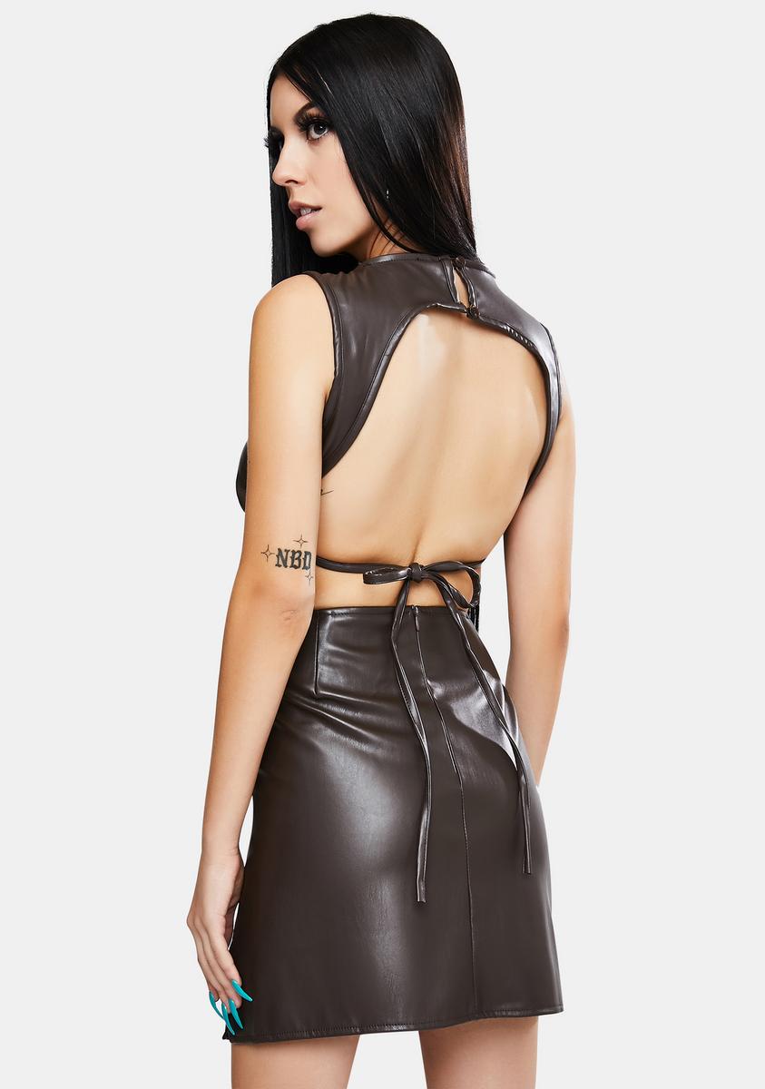 Dark Chocolate High Waist Faux Leather Mini Skirt with Side Slit