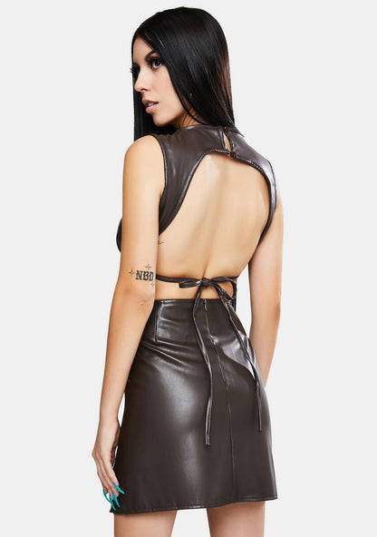 Dark Chocolate High Waist Faux Leather Mini Skirt with Side Slit