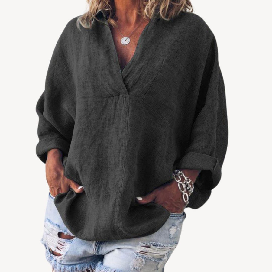 Luvrefashion | Doris Relaxed Fit Mixed Fabric Blouse in Black - front view
