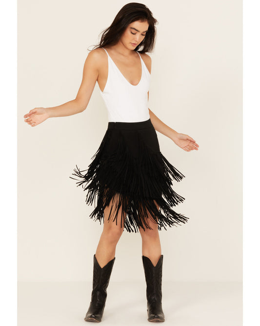 Black Asymmetrical Faux Suede Fringe Mini Skirt